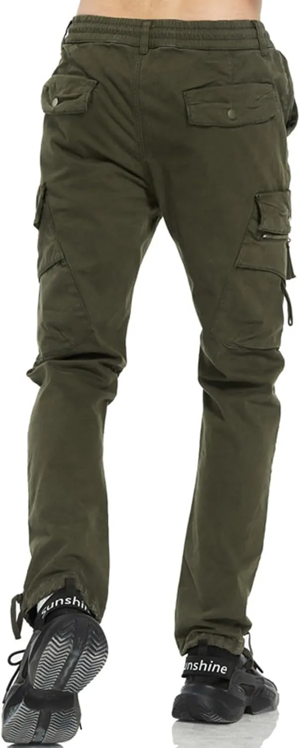 Mens Cargo Pants Casual Drawstring Cotton Jogger Outdoor Hiking Work Sweatpants with Pockets