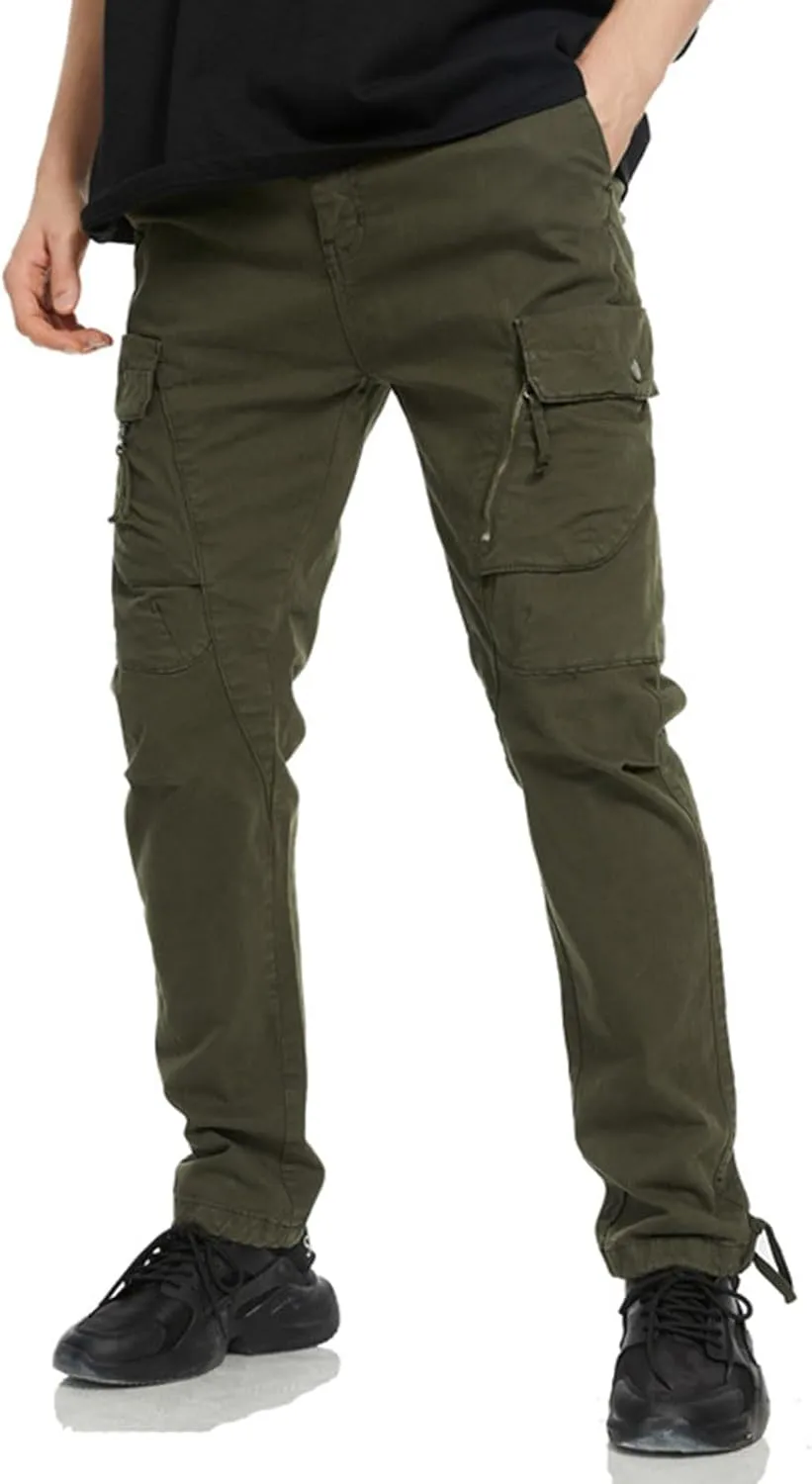 Mens Cargo Pants Casual Drawstring Cotton Jogger Outdoor Hiking Work Sweatpants with Pockets