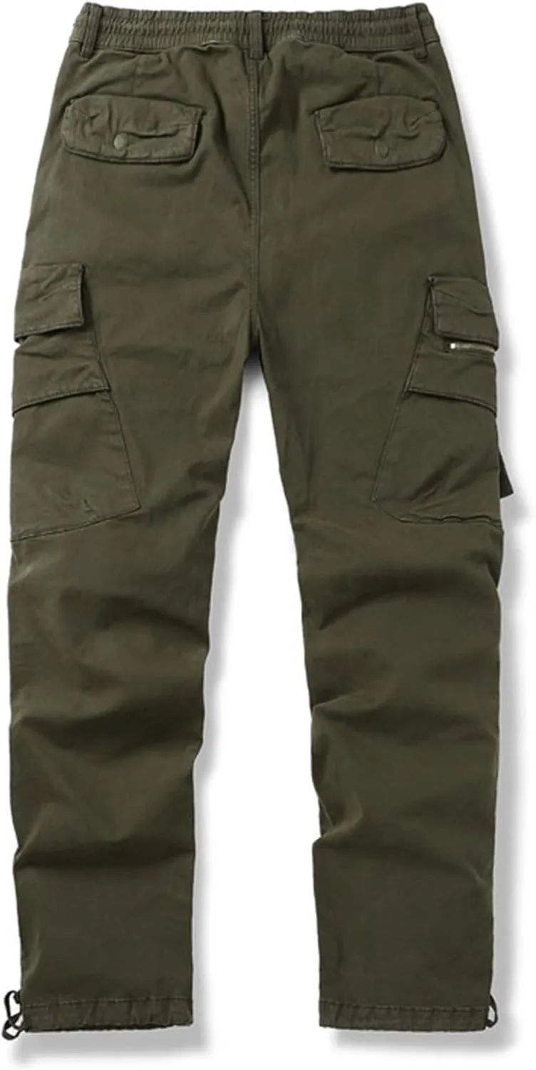 Mens Cargo Pants Casual Drawstring Cotton Jogger Outdoor Hiking Work Sweatpants with Pockets