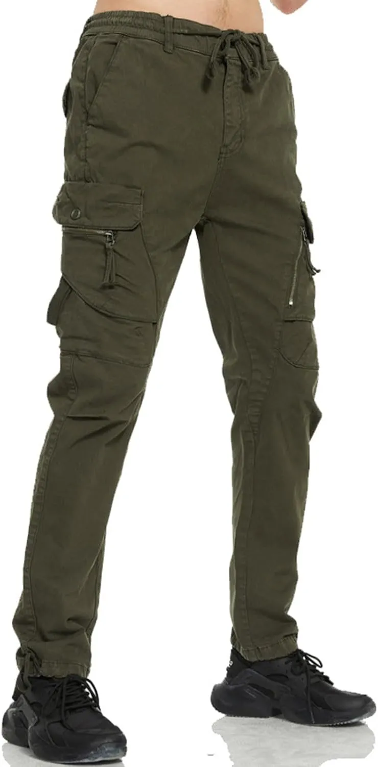 Mens Cargo Pants Casual Drawstring Cotton Jogger Outdoor Hiking Work Sweatpants with Pockets