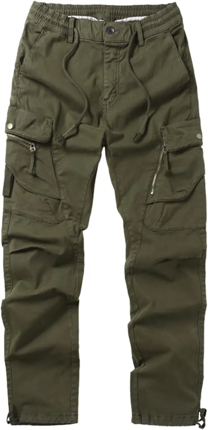 Mens Cargo Pants Casual Drawstring Cotton Jogger Outdoor Hiking Work Sweatpants with Pockets