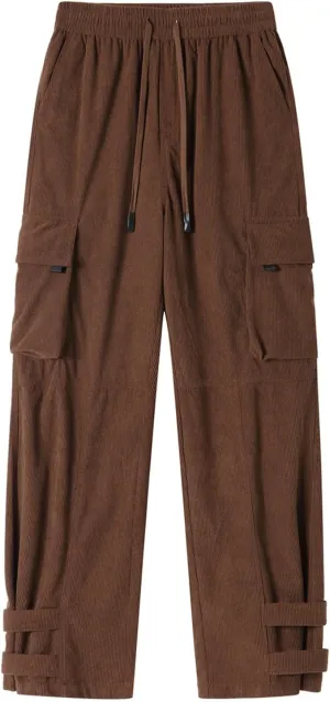 Men's Casual Cargo Sweatpants Waist Drawstring Joggers Loose Fit Straight Wide Leg Pants for Men with Multi Pockets