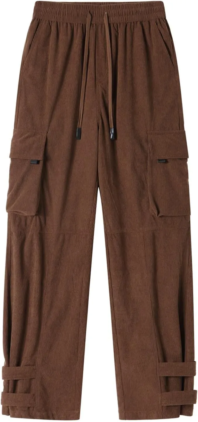 Men's Casual Cargo Sweatpants Waist Drawstring Joggers Loose Fit Straight Wide Leg Pants for Men with Multi Pockets