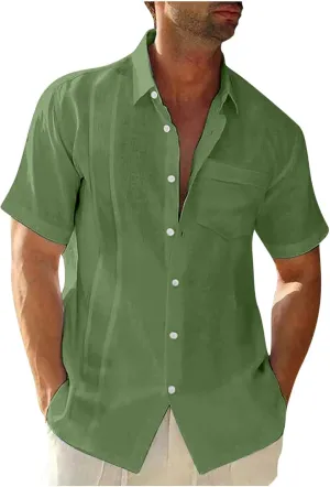 Mens Casual Cotton Linen Shirt Short Sleeve Button Shirt Hawaiian Shirts Lapel Leisure T-Shirt
