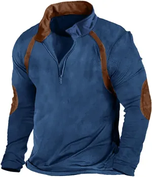Men's Casual Sweatshirt Vintage Colorblock Half Zip Hoodie Stand Collar Western Sweatshirt Military Tactical Coats