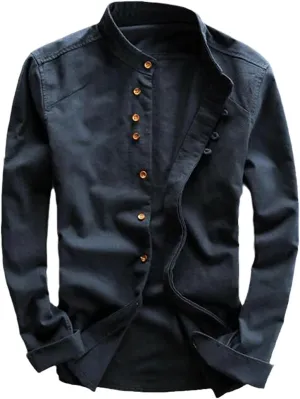 Men's Cotton Linen Shirt Long Sleeve Casual Slim Mandarin Collar Shirt Summer Beach Shirt