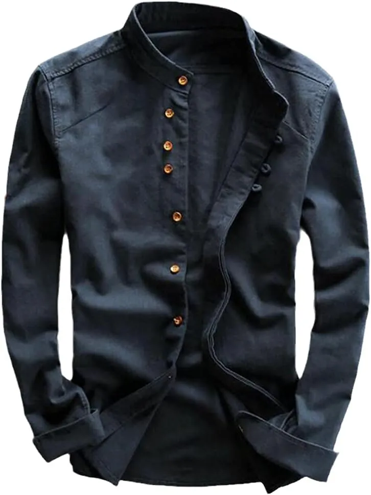 Men's Cotton Linen Shirt Long Sleeve Casual Slim Mandarin Collar Shirt Summer Beach Shirt