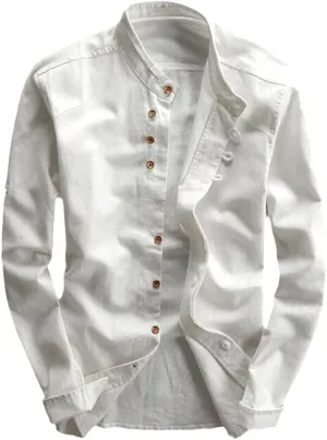 Men's Cotton Linen Shirt Long Sleeve Casual Slim Mandarin Collar Shirt Summer Beach Shirt