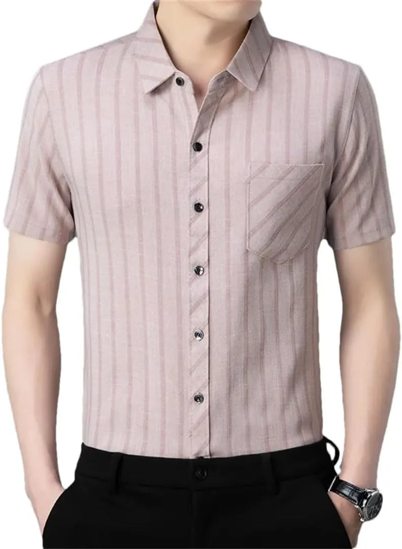 Men's Fashion Striped Shirt Short Sleeved Business Casual Linen Shirt