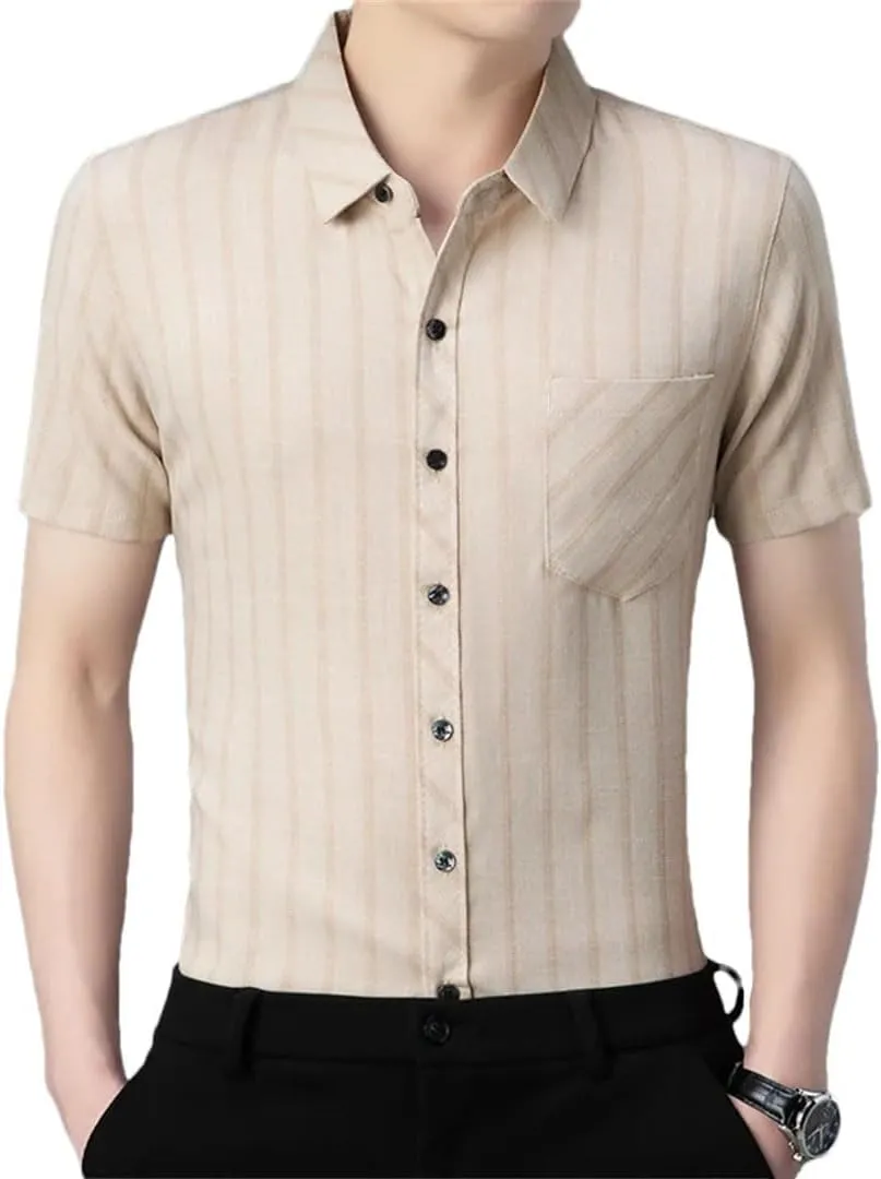 Men's Fashion Striped Shirt Short Sleeved Business Casual Linen Shirt