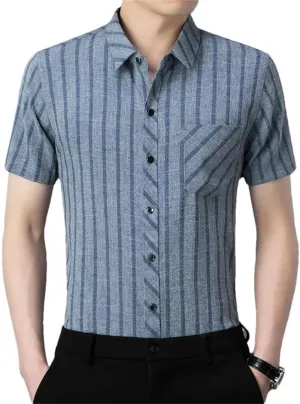 Men's Fashion Striped Shirt Short Sleeved Business Casual Linen Shirt