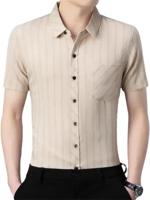 Men's Fashion Striped Shirt Short Sleeved Business Casual Linen Shirt