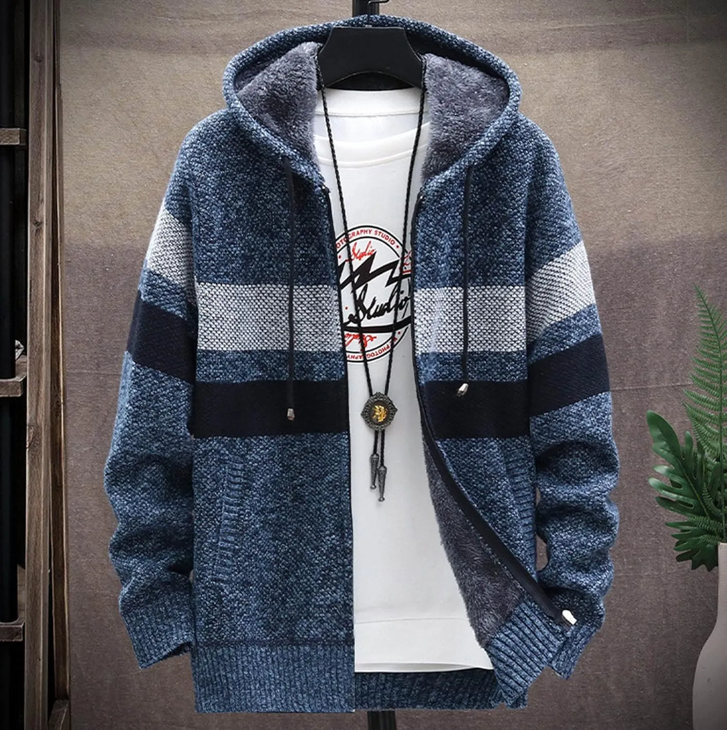 Men's Hooded Knitwear Sweater Fashion Zipper Plus Size Loose Casual Cable Knited Cardigan Coat Henley Sweater