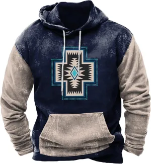 Men's Hooded Sweatshirt American Flag Print Long Sleeve Pullover Sweatshirt Vintage Tribal Aztec Graphic Hoodie Tops