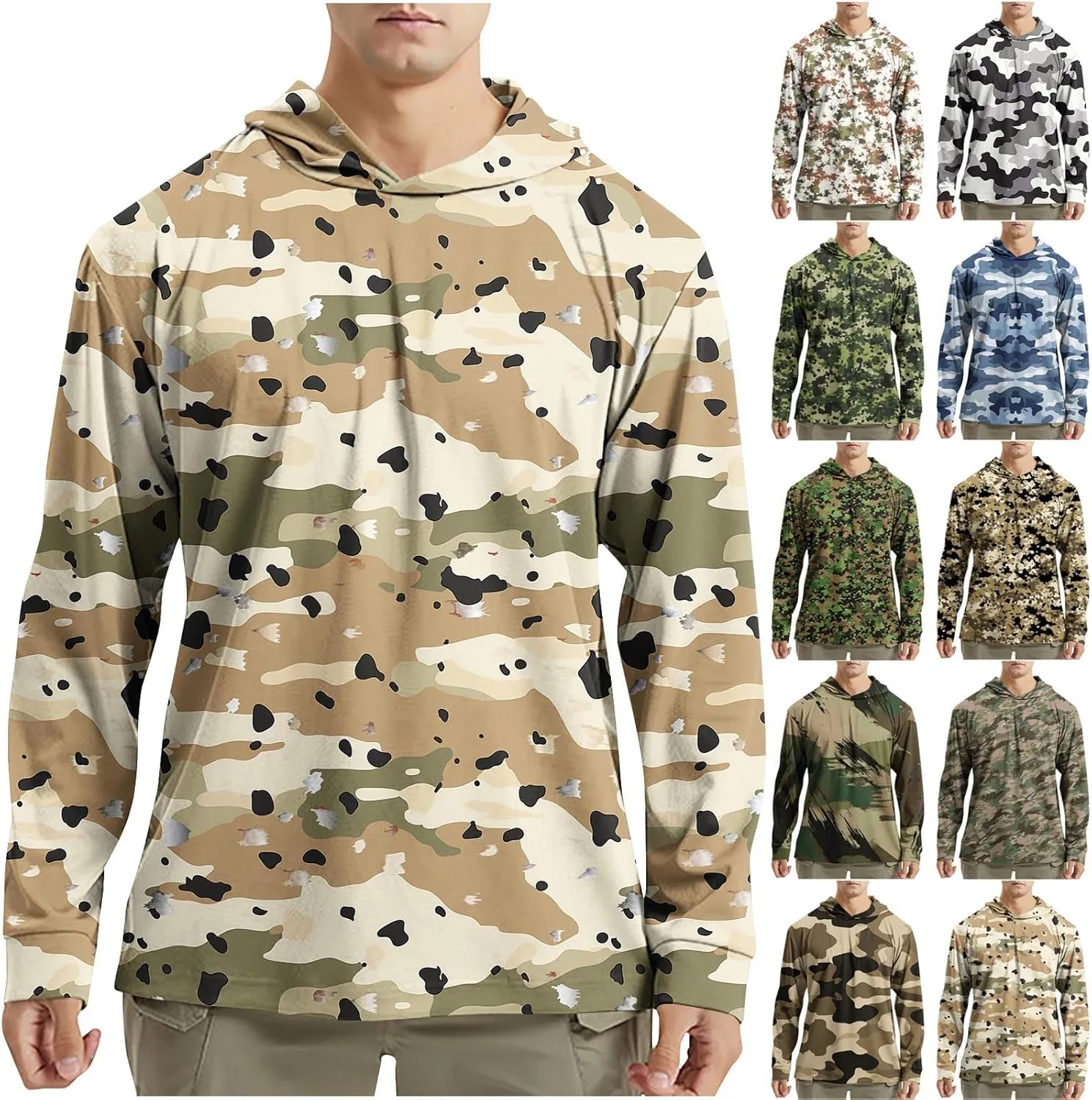 Men's Hooded UPF 50  Sun Protection T Shirts Long Sleeve Athletic Fishing Shirts Summer Lightweight Camo Rash Guards
