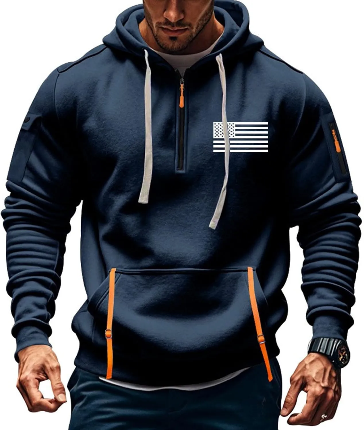Mens Hoodies Pullover Quarter Zip Heavyweight Workout Sweatshirt Usa Flag Print Military Tactical Hoodie With Pockets