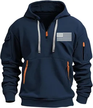 Mens Hoodies Pullover Quarter Zip Heavyweight Workout Sweatshirt Usa Flag Print Military Tactical Hoodie With Pockets
