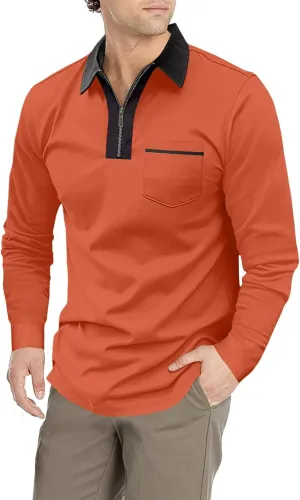 Men's Long Sleeve Polo Shirt Casual Zip Polo Shirt Classic Collared Golf Shirt with Pocket