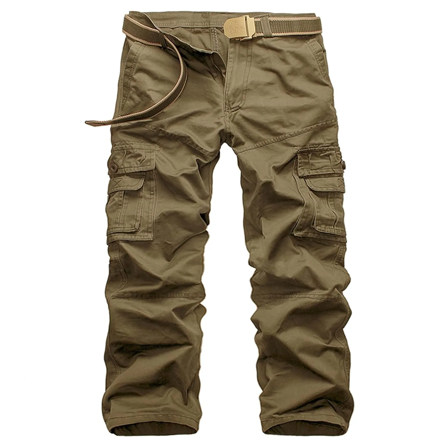 Men's Multi Pockets Slim Cargo Pants Hiking Combat Work Pant Outdoor Casual Straight Fit Army Pants Trousers Sweatpants (30,Khaki)