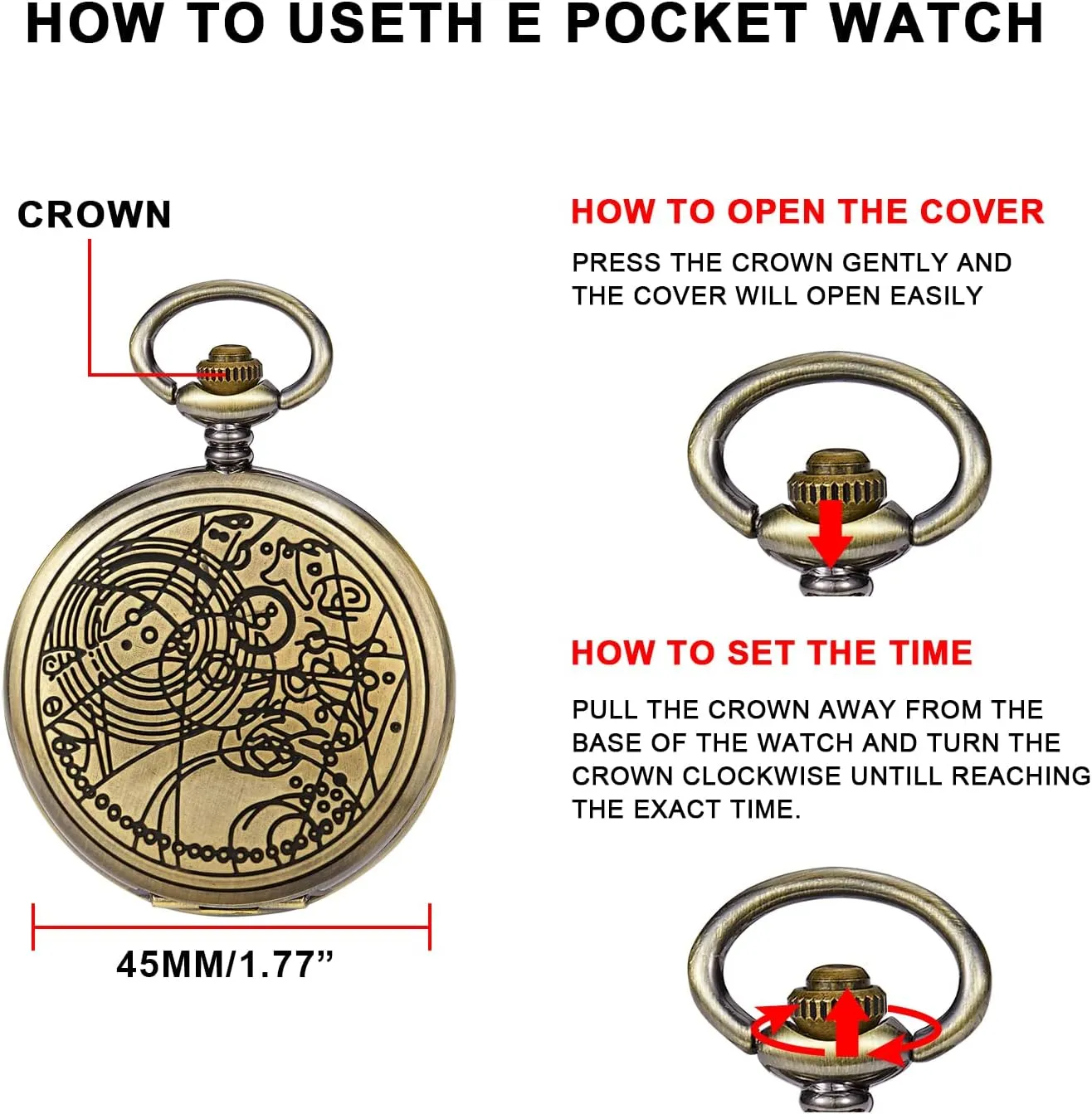 Men's Pocket Watch, Arabic Digital Dial Pocket Watches with Chain for Men