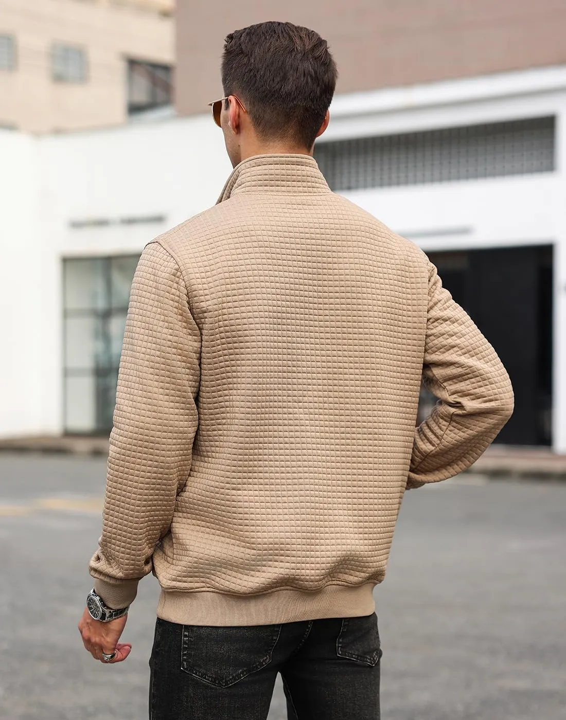 Men's Quilted Sweatshirt Casual Waffle Stand Collar Button Pullover Sweatshirts