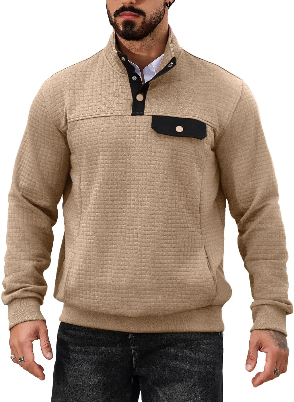 Men's Quilted Sweatshirt Casual Waffle Stand Collar Button Pullover Sweatshirts