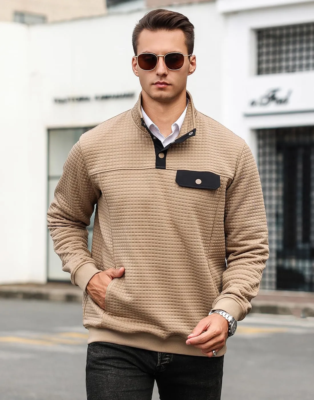Men's Quilted Sweatshirt Casual Waffle Stand Collar Button Pullover Sweatshirts