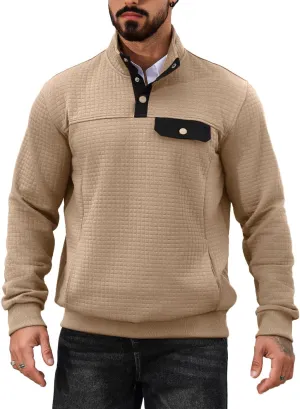 Men's Quilted Sweatshirt Casual Waffle Stand Collar Button Pullover Sweatshirts