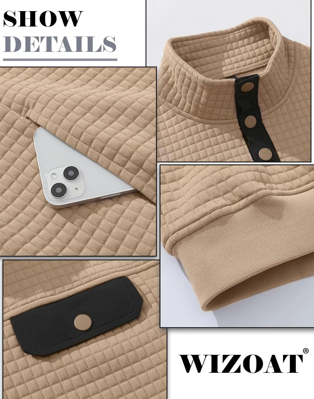 Men's Quilted Sweatshirt Casual Waffle Stand Collar Button Pullover Sweatshirts