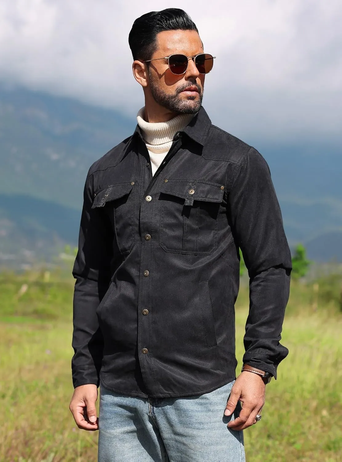 Men's Shirt Jacket Shacket with Flannel Lined Casual Snap Button Overshirt Western Cowboy Jackets Fall Clothing