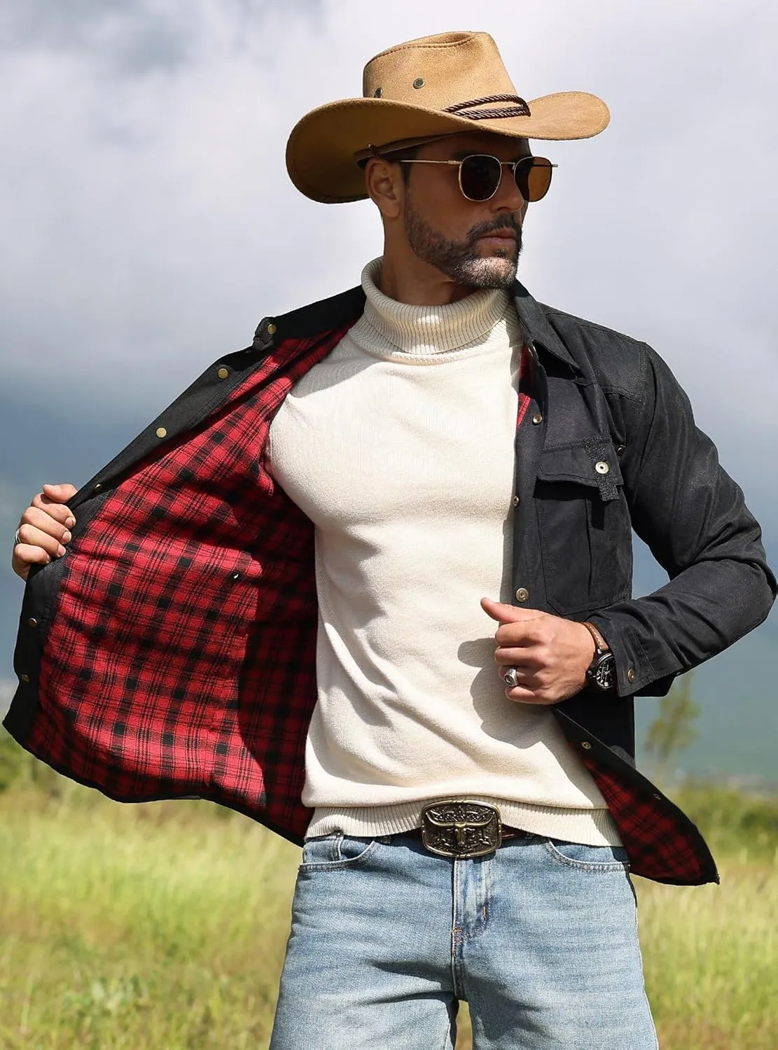 Men's Shirt Jacket Shacket with Flannel Lined Casual Snap Button Overshirt Western Cowboy Jackets Fall Clothing