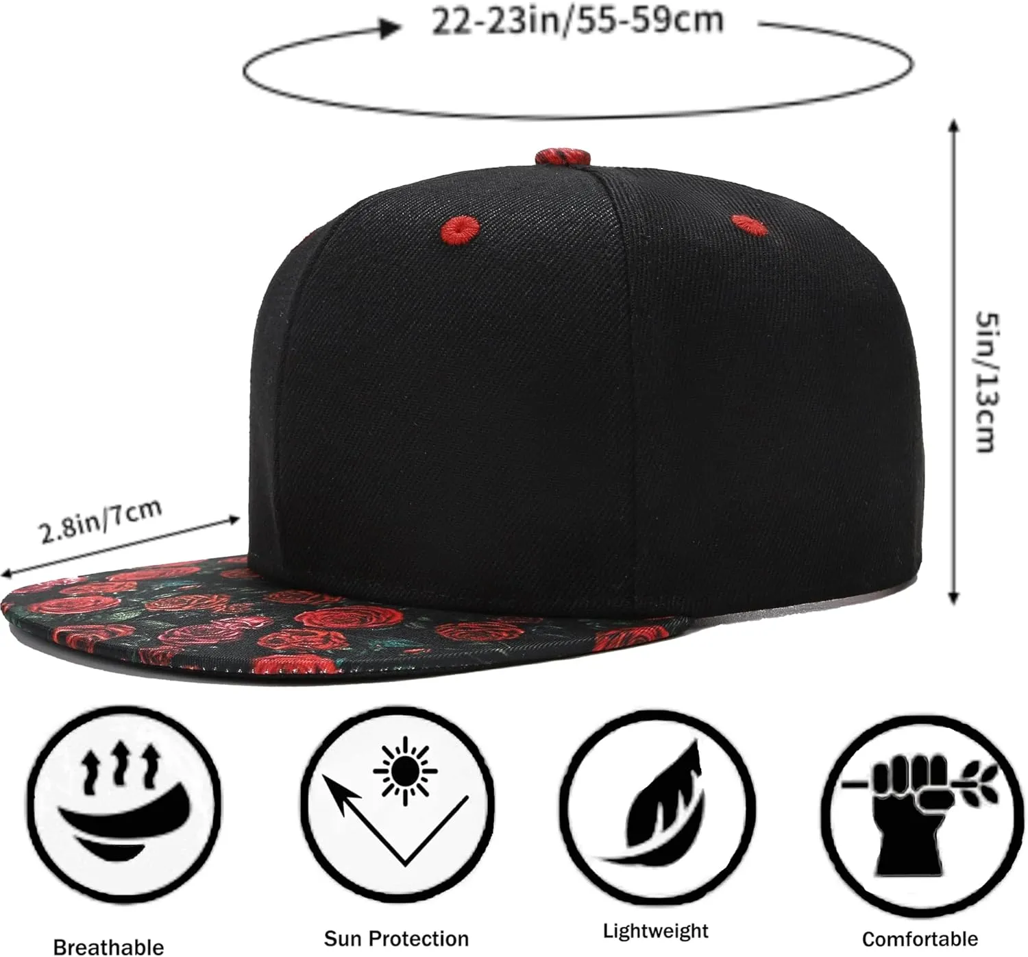 Mens Snapback Baseball Cap Hip Hop Style Flat Visor Adjustable Outdoor Cap Unisex Adjustable Breathable