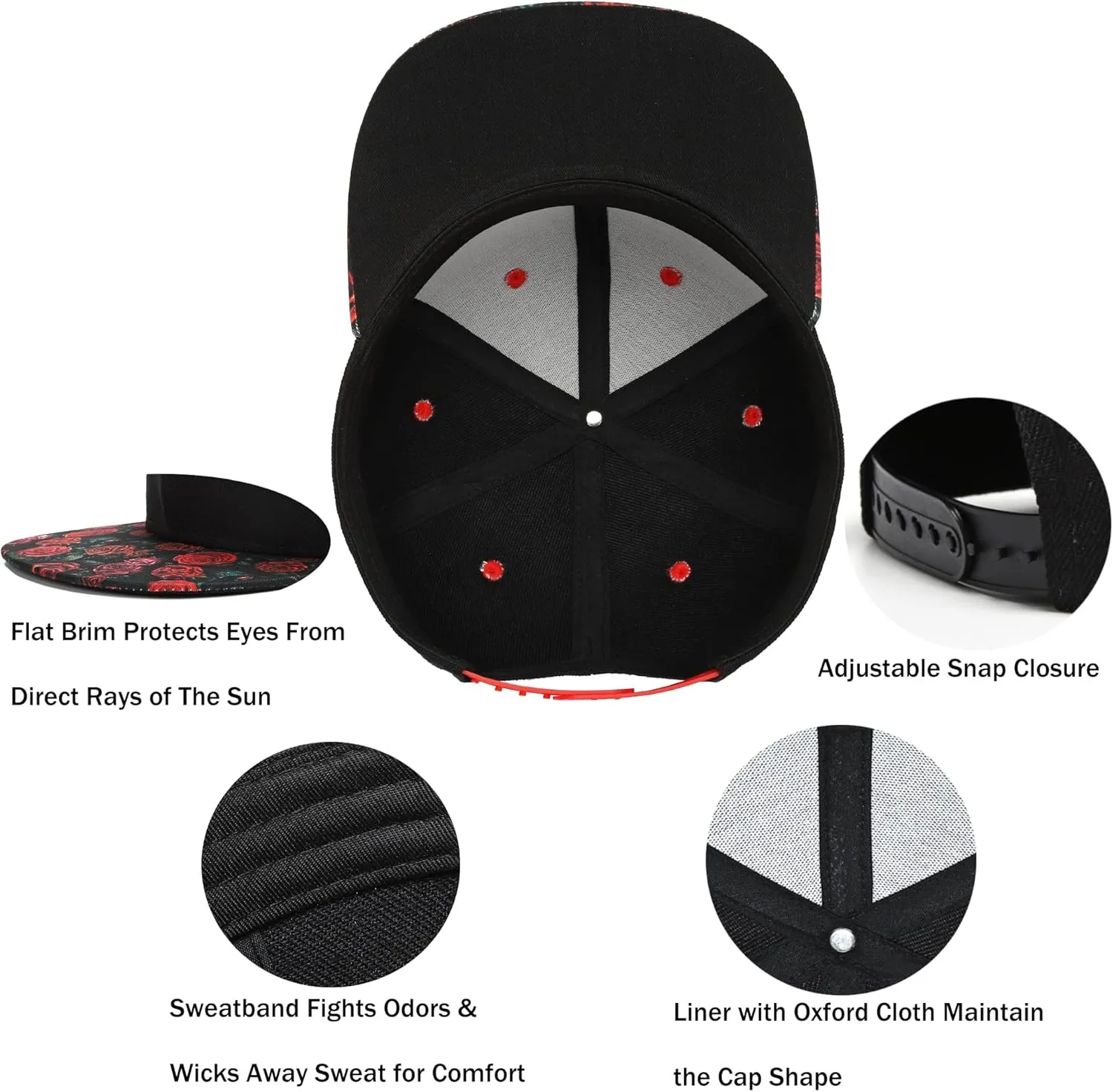 Mens Snapback Baseball Cap Hip Hop Style Flat Visor Adjustable Outdoor Cap Unisex Adjustable Breathable