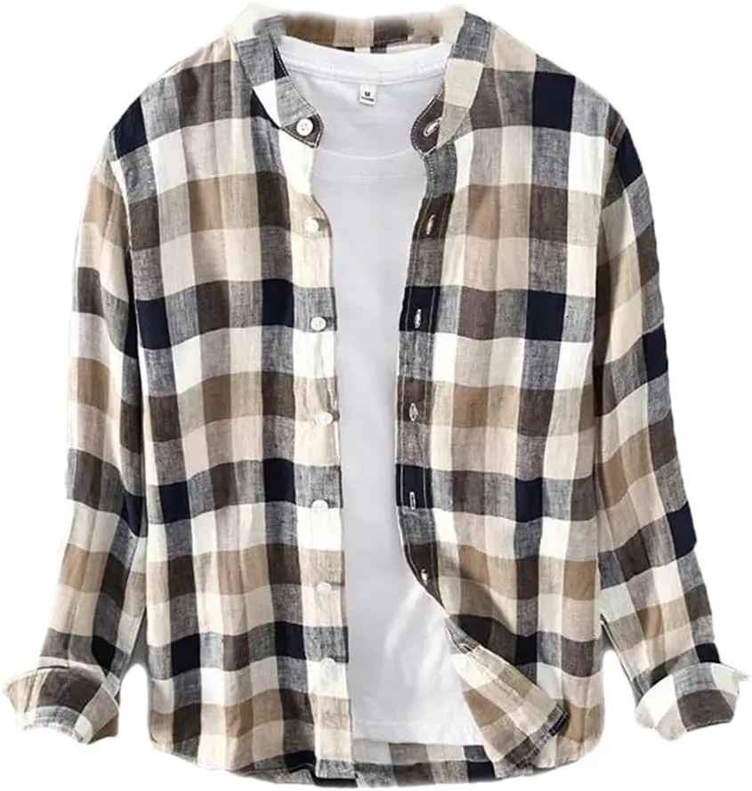 Men's Striped Linen Long Sleeve Plaid Shirt Men's Casual Shirt