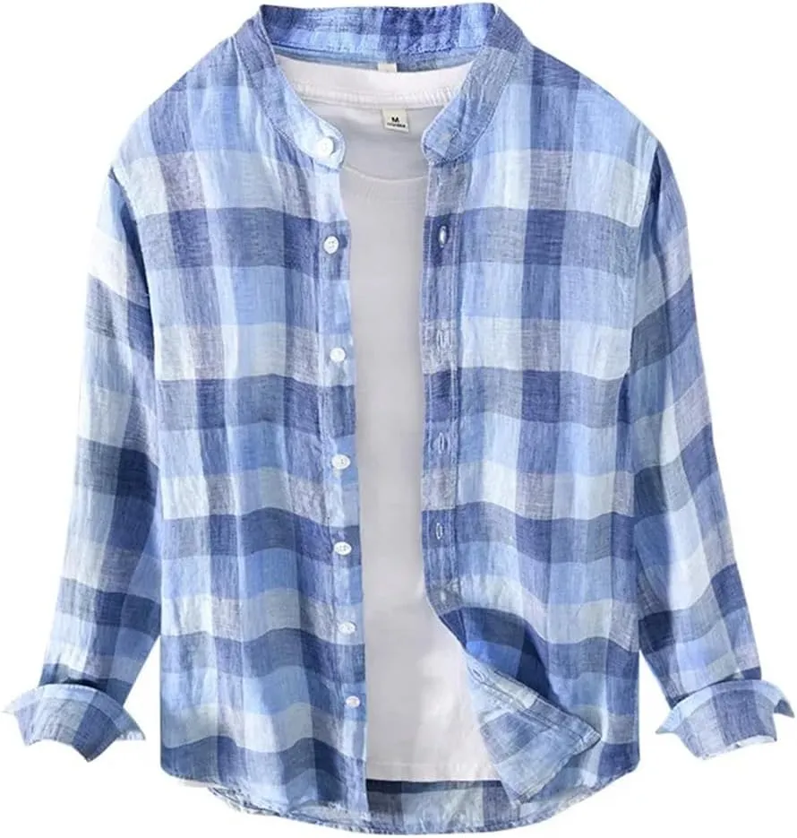 Men's Striped Linen Long Sleeve Plaid Shirt Men's Casual Shirt