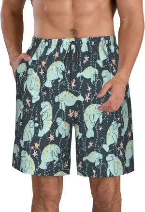 Men's Summer Manatee Animals Beach Board Shorts Swim Trunks - Stretch Waist Band Board Shorts Large