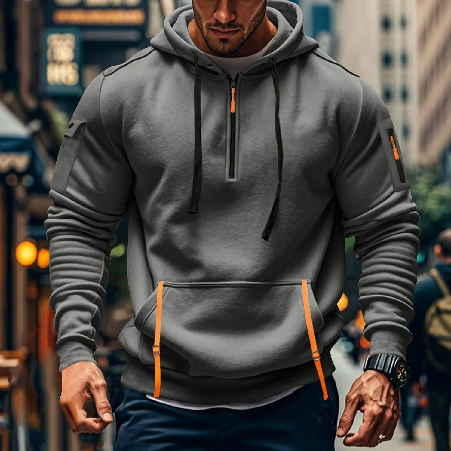 Mens Tactical Sweatshirts with Hooded Vintage Plus Size Quarter Zip Pullover Casual Oversized Hoodies