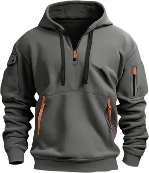 Mens Tactical Sweatshirts with Hooded Vintage Plus Size Quarter Zip Pullover Casual Oversized Hoodies