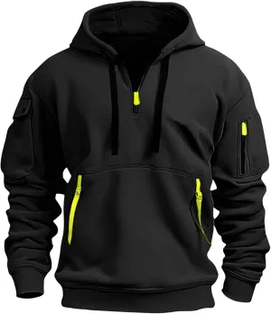 Mens Tactical Sweatshirts with Hooded Vintage Plus Size Quarter Zip Pullover Casual Oversized Hoodies