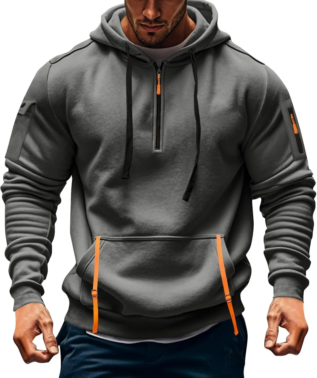 Mens Tactical Sweatshirts with Hooded Vintage Plus Size Quarter Zip Pullover Casual Oversized Hoodies
