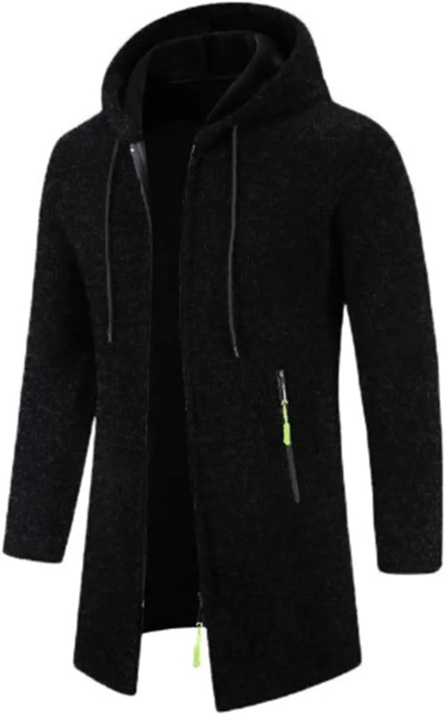 Mens Trench Coat Knit Hooded Jackets Business Casual Peacoat Mid Length Cardigan Oversized Windbreaker Winter Jacket