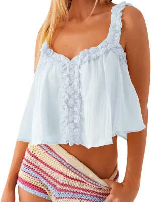 Mesh Tank Top Y2k Women Low Square Neck Sleeveless Sheer Crop Camisole Sexy Lace Ruffle Ruched Going Out Cami Shirt