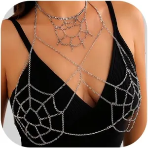 Metal Silver Mesh Bra Body Chain Goth Halloween Chest Chain Bikini Festival Underwear Chain Top Harness Body Chain Necklace Jewelry for Women (Silver)