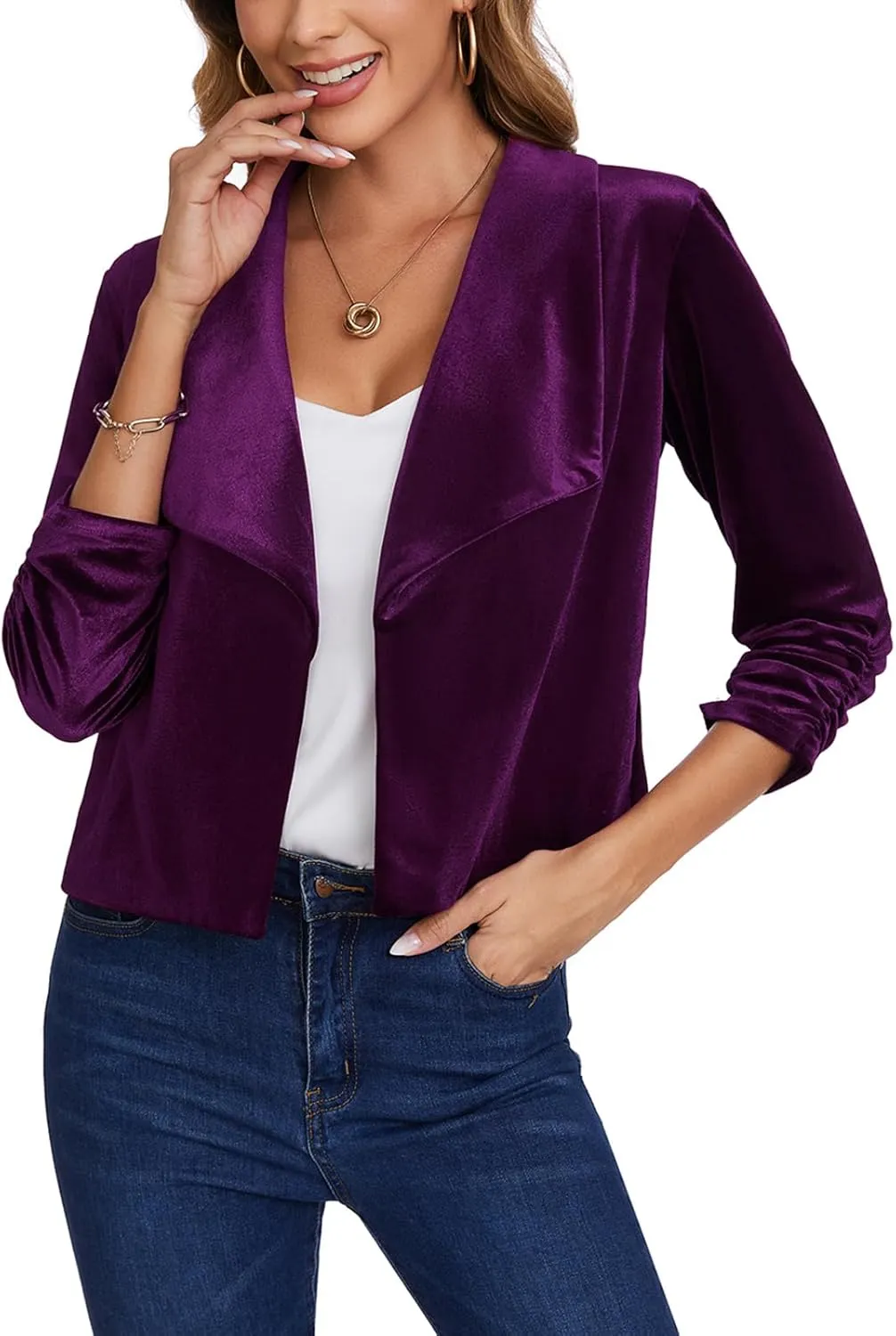 MINTLIMIT Women's Casual Velvet Blazer Jackets 3/4 Ruched Sleeve Shawl Collar Draped Open Front Fall Velvet Blazers