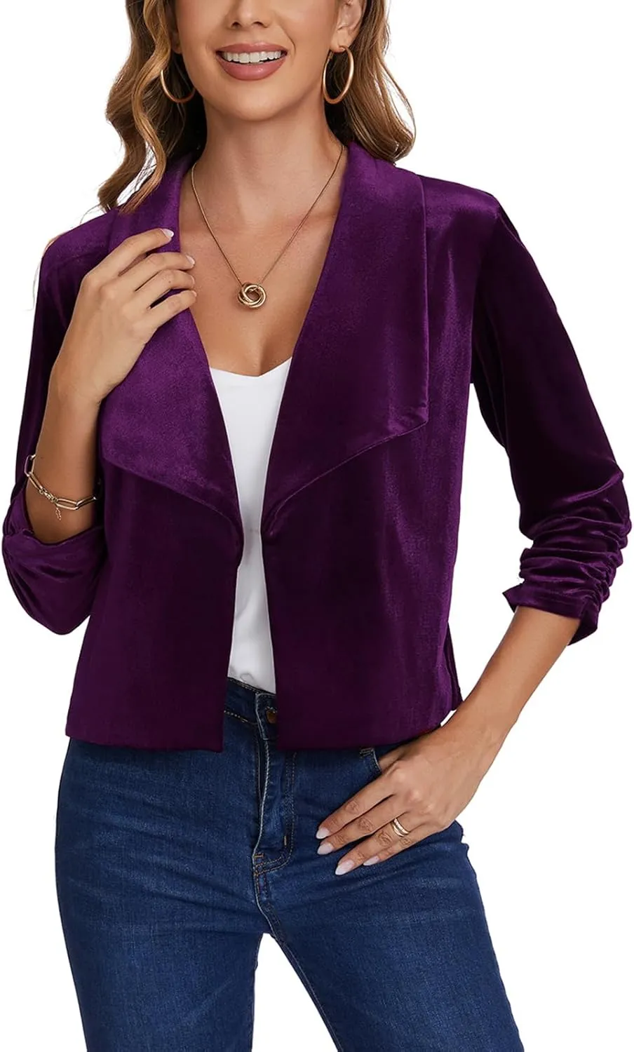 MINTLIMIT Women's Casual Velvet Blazer Jackets 3/4 Ruched Sleeve Shawl Collar Draped Open Front Fall Velvet Blazers