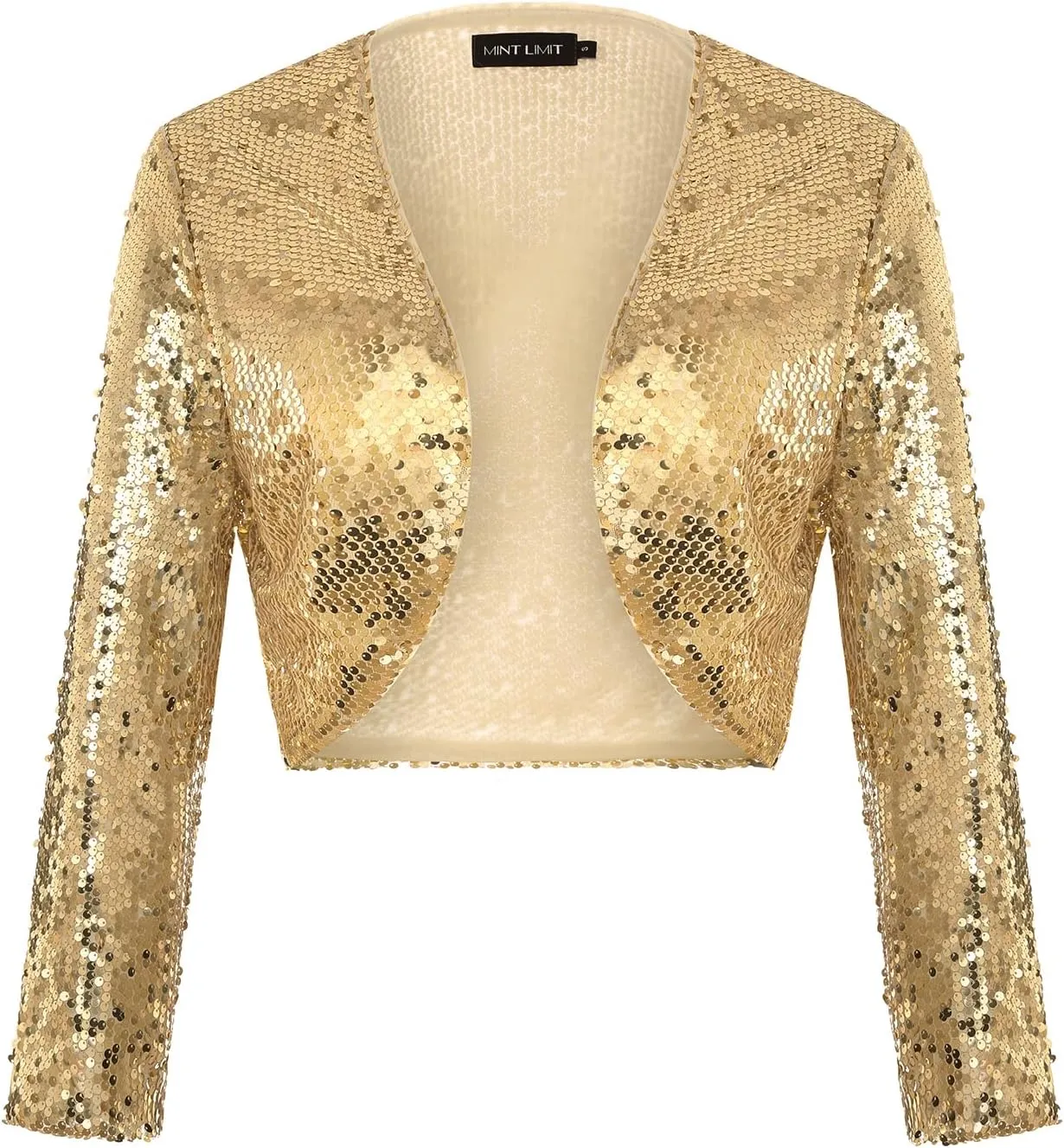 MINTLIMIT Women's Sequin Shrug Bolero Long Sleeve Open Front Party Sparkly Cropped Cardigan Glitter Shiny Jackets