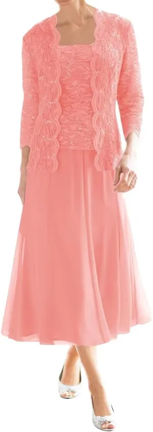 Mother of The Bride Dresses for Wedding Tea Length Lace Chiffon Formal Dress 2 Piece Grandmother Dresses with Jackets