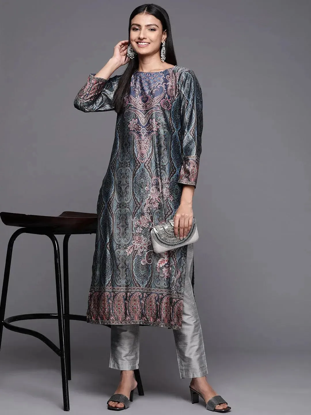 Multicoloured Printed Velvet Straight Kurta