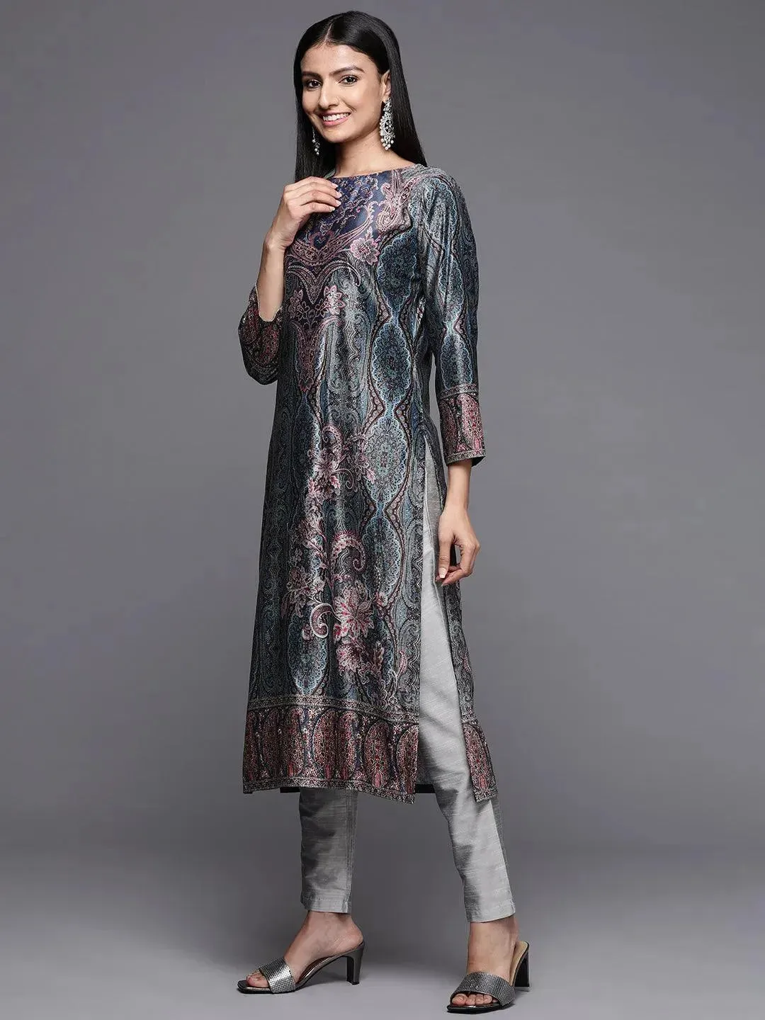 Multicoloured Printed Velvet Straight Kurta