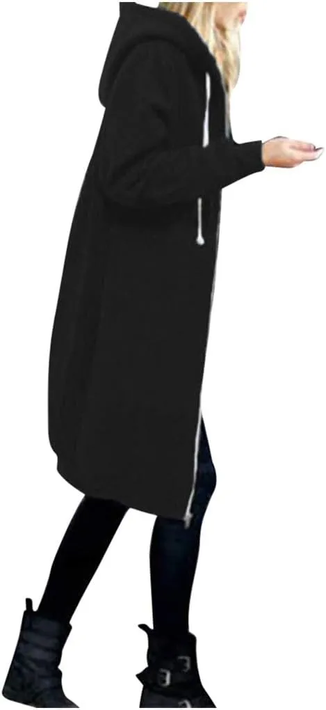 Muyise Women's Casual Zip Up Long Hoodies Tunic Sweatshirt Winter Warm Long Sleeve Hooded Outerwear Jacket Coat with Pockets